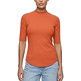Zengjo Womens Mock Turtleneck Elbow Sleeve Tops - Fitted Stretch Ribbed Shirt for Work & Casual Wear