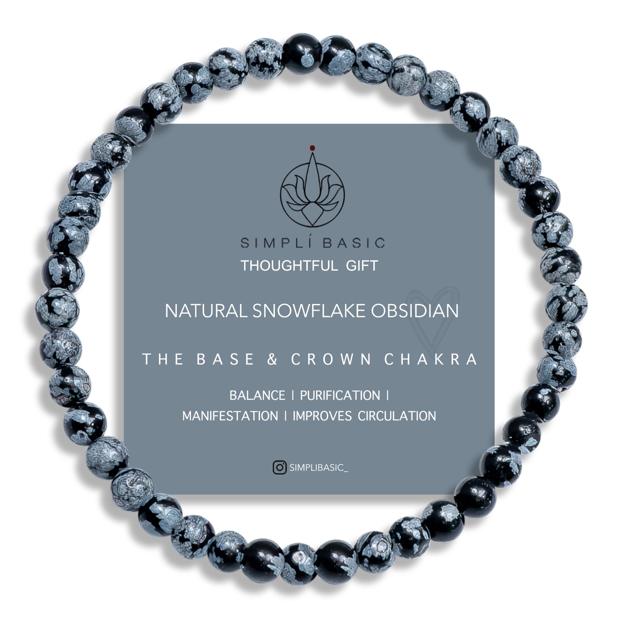 SIMPLÍ BASIC Natural Snowflake Obsidian Healing Gemstone Bracelet 4mm Bead | Women Mens Bracelet | Balance for Body & Mind | Circulation| Stone Beads | Everyday Jewellery | Inc Gift Box