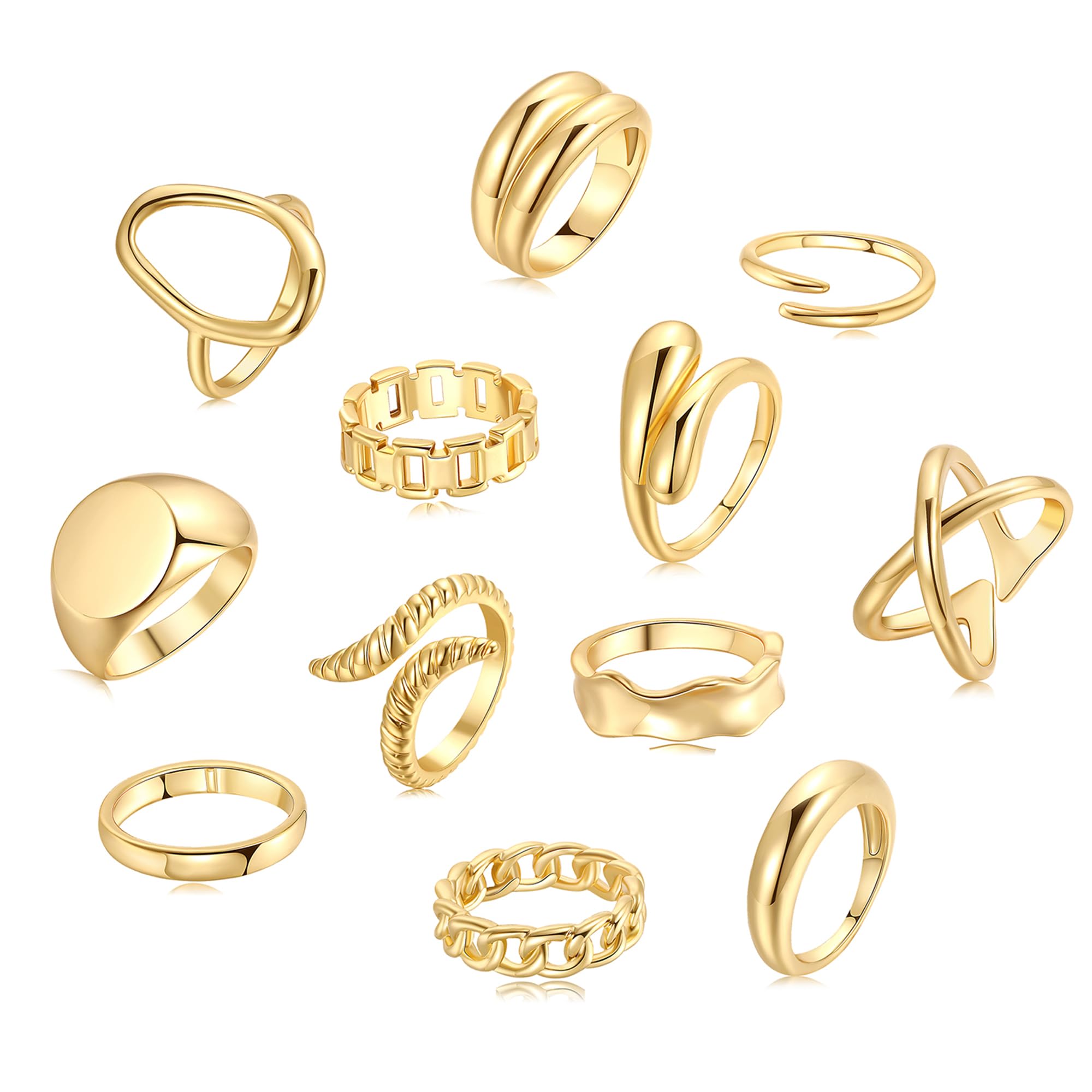 FAXHION 12PCS Gold Stackable Rings Set for Women, 18K Gold Plated Open Stacking Knuckle Ring, Adjustable Chunky Signet Band Statement Ring for Gift