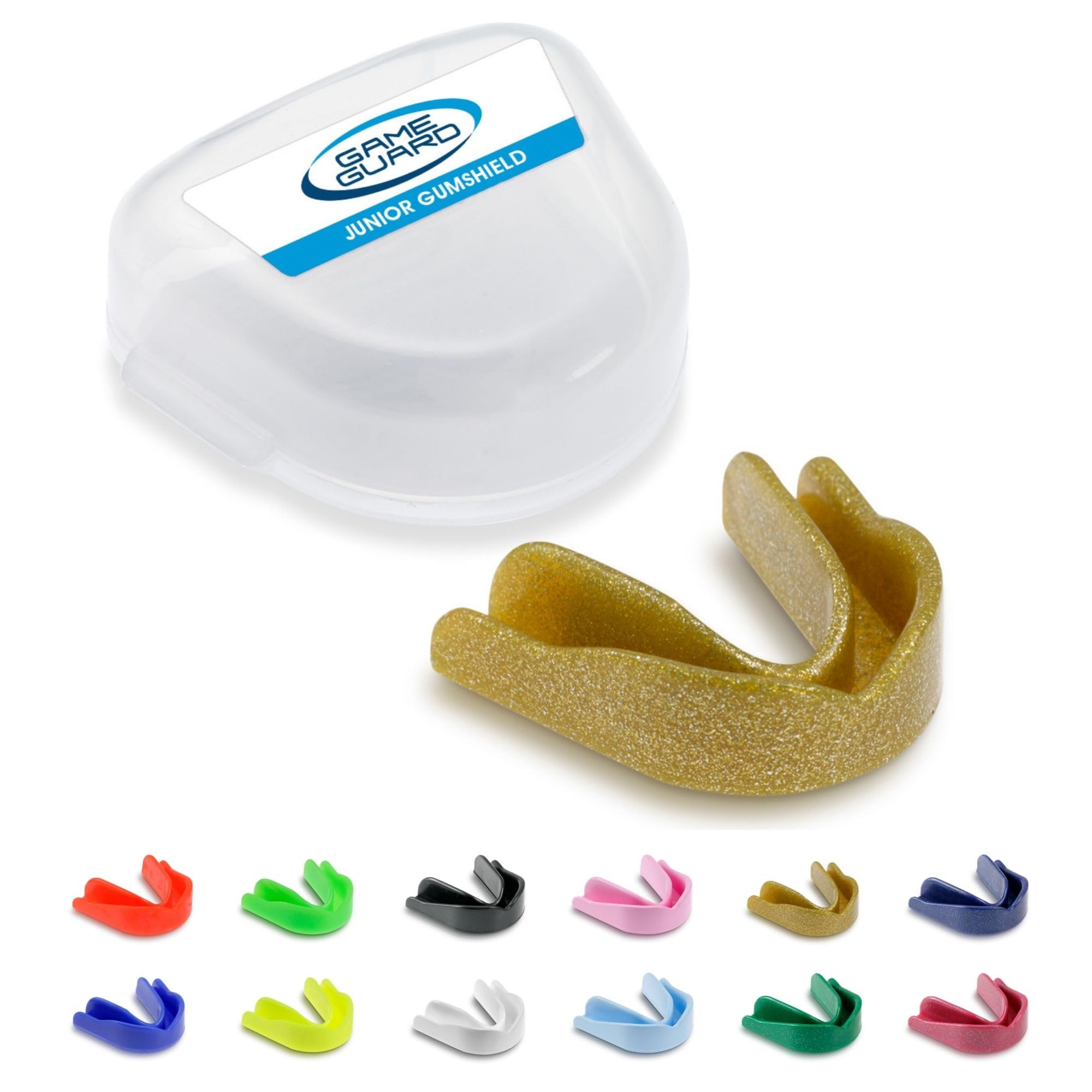 GAME GUARD Sports Mouthguard – Easy Fit Boil & Bite Gum Shield for Kids/Junior (Age 8+) – Mouth Guard for Rugby, Hockey, GAA – Ideal for Schools and Clubs (Gold Sparkle)