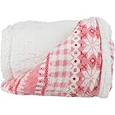 Reversible Fleece Blanket - 50x60-Inch Machine-Washable Sherpa Throw with Snowflakes - Cozy Blanket for Couch, Chair, or Bed by Lavish Home (Pink)