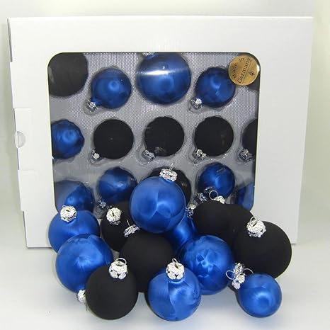 Thüringer Glasdesign JACK 59x Glas Christbaumkugeln 4 5 6 7 cm Dunkel Blau Eislack + Samt Schwarz