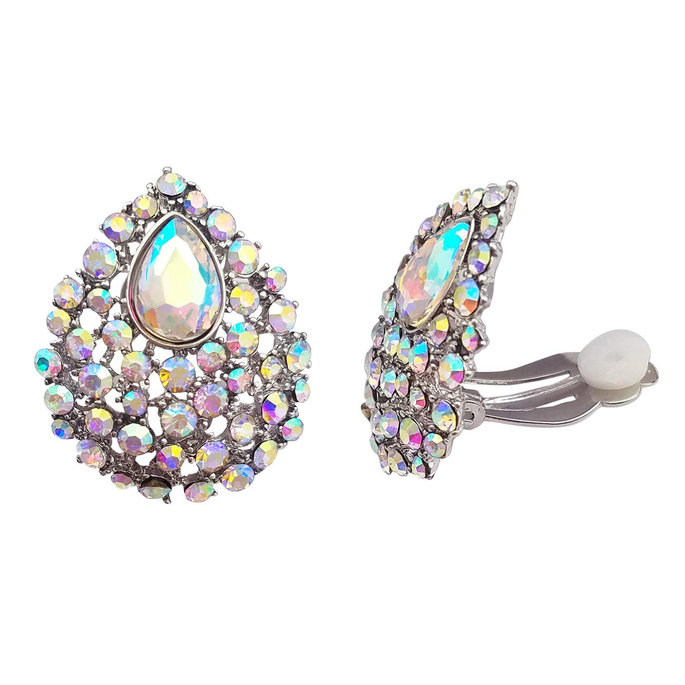 HAISWET Clear AB Rhinestone Crystal Clip On Stud Earrings Silver Tone