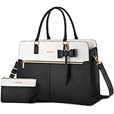 MOSISO Laptop Tote Bag for Women, 15.6 inch Waterproof PU Leather Work Bag with Clutch Purse & Bowknot, Large Capacity Handbag Shoulder Computer Bags Work Briefcase for Business Teacher Office, Black