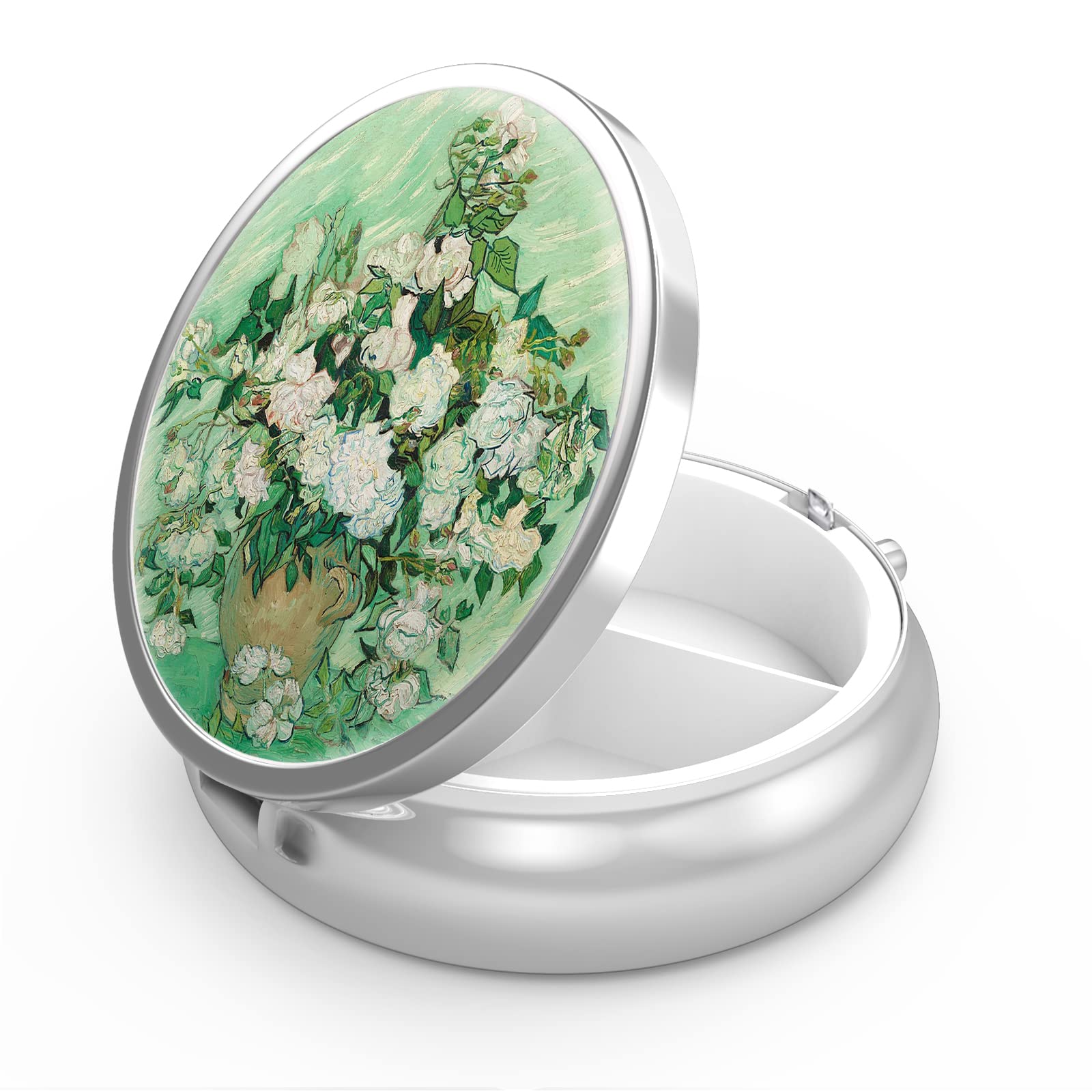 Pill Box 3 Compartment Medicine Pill Case,Portable Pill Box for Pocket or Purse Decorative Metal Medicine Vitamin Organizer Unique Gift(Vase with Pink Roses-Van Gogh)