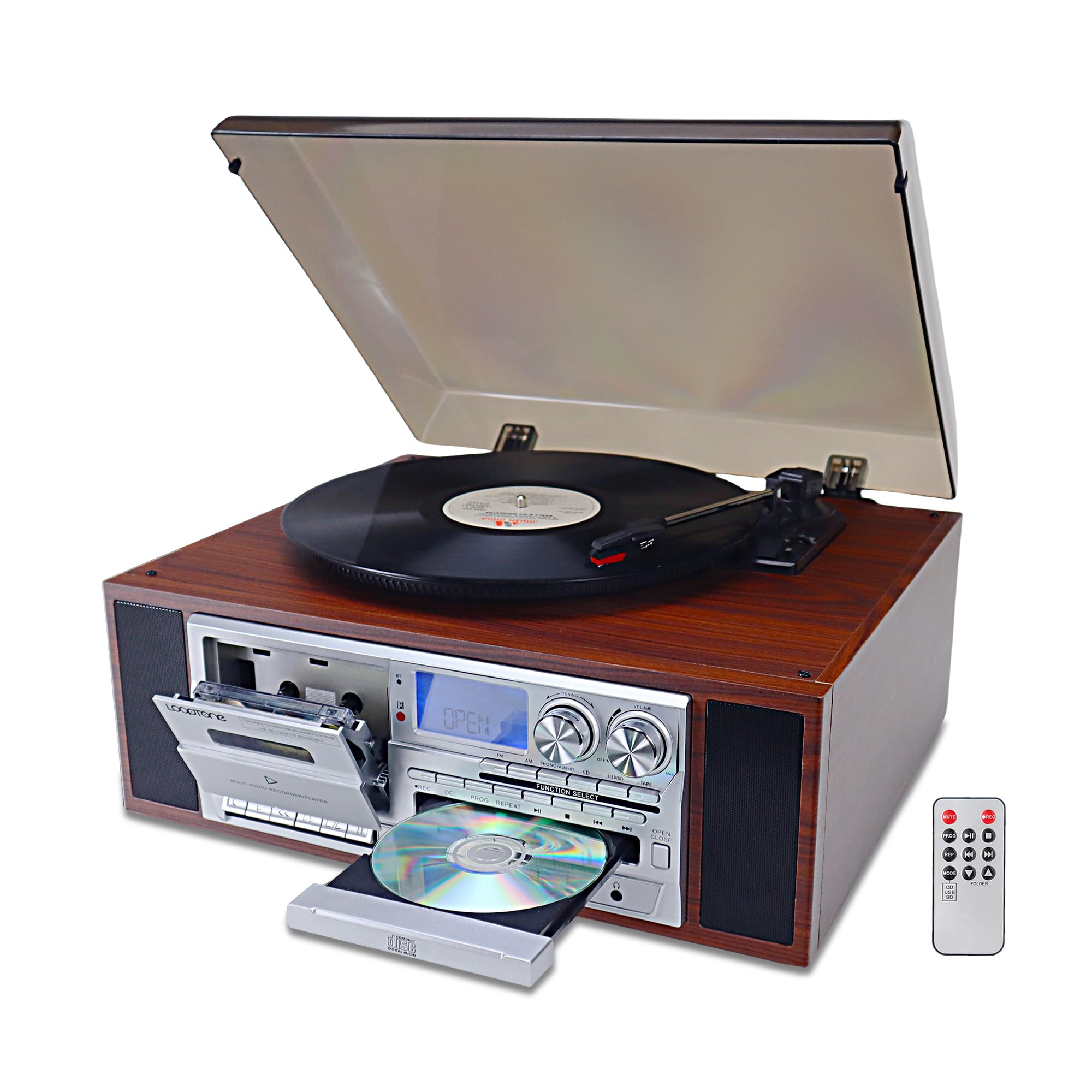 Photo 1 of 10 in 1 Vinyl Record Player 3 Speed Bluetooth Vintage Automatic Turntable CD Cassette Player AM/FM Radio USB Recorder Aux-in RCA Line-Out (Silver)