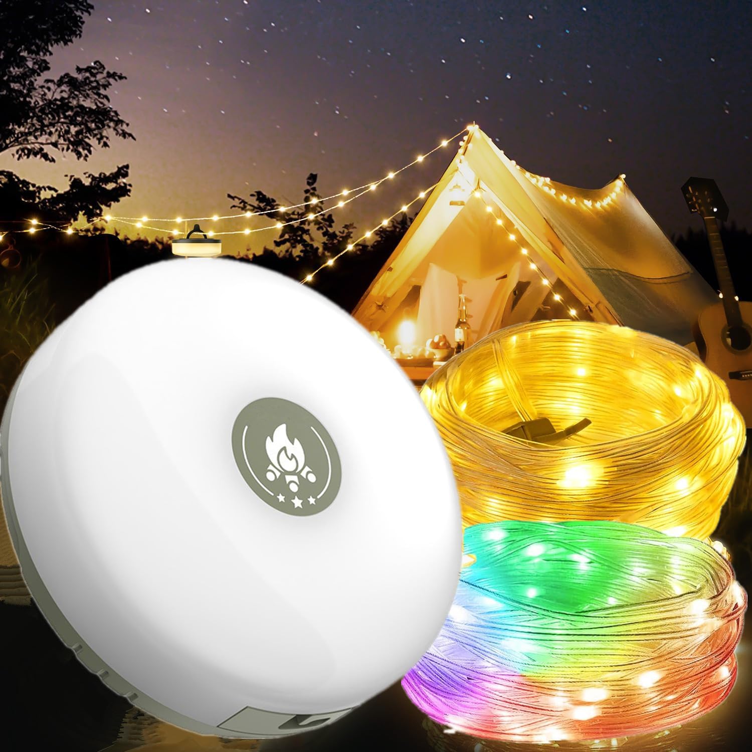 Camping String Lights, 10m Outdoor Colorful Warm Lighting Modes Lanterns With Magnet and Hook, Stowable Affirmation Discs (Blue)