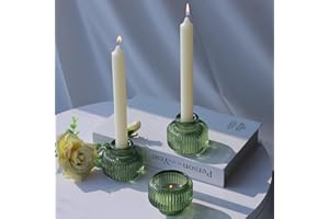 Woho Candlestick Holders Set of 4 for Taper Candles/Tea Lights, Green Ribbed Candle Sticks Holder Decor for Table Centerpiece, Reversible Taper Candle Holders Glass for Christmas Home Decoration