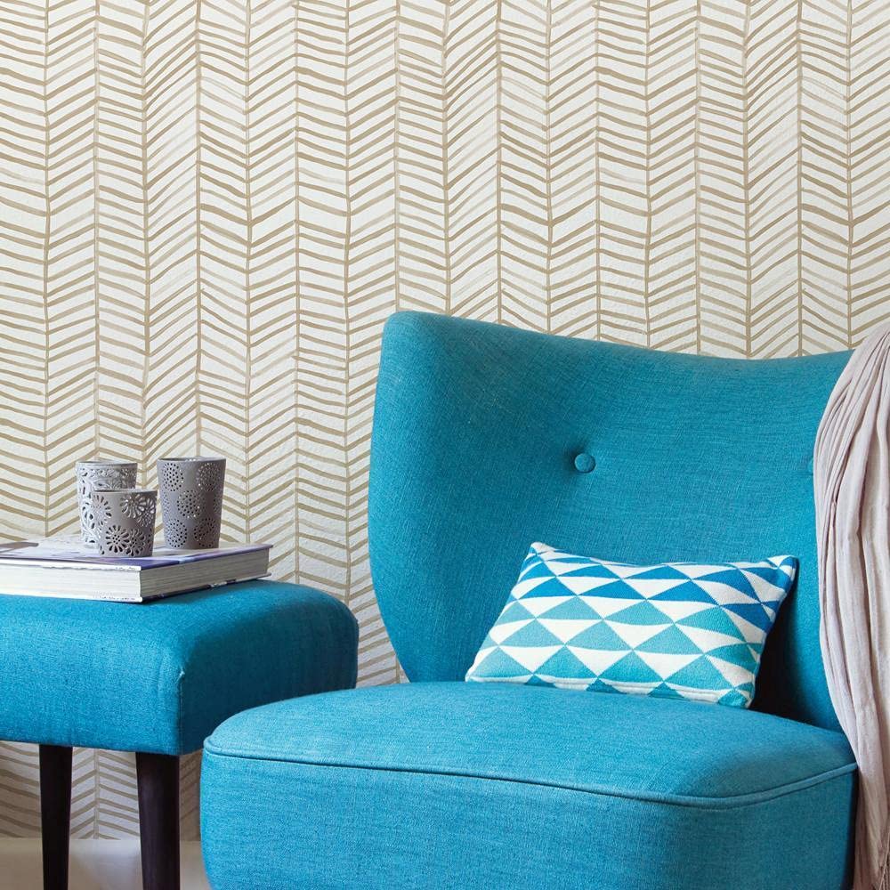 RoomMates RMK11634WP Cat Coquillette Herringbone Tan and White Peel and Stick Wallpaper