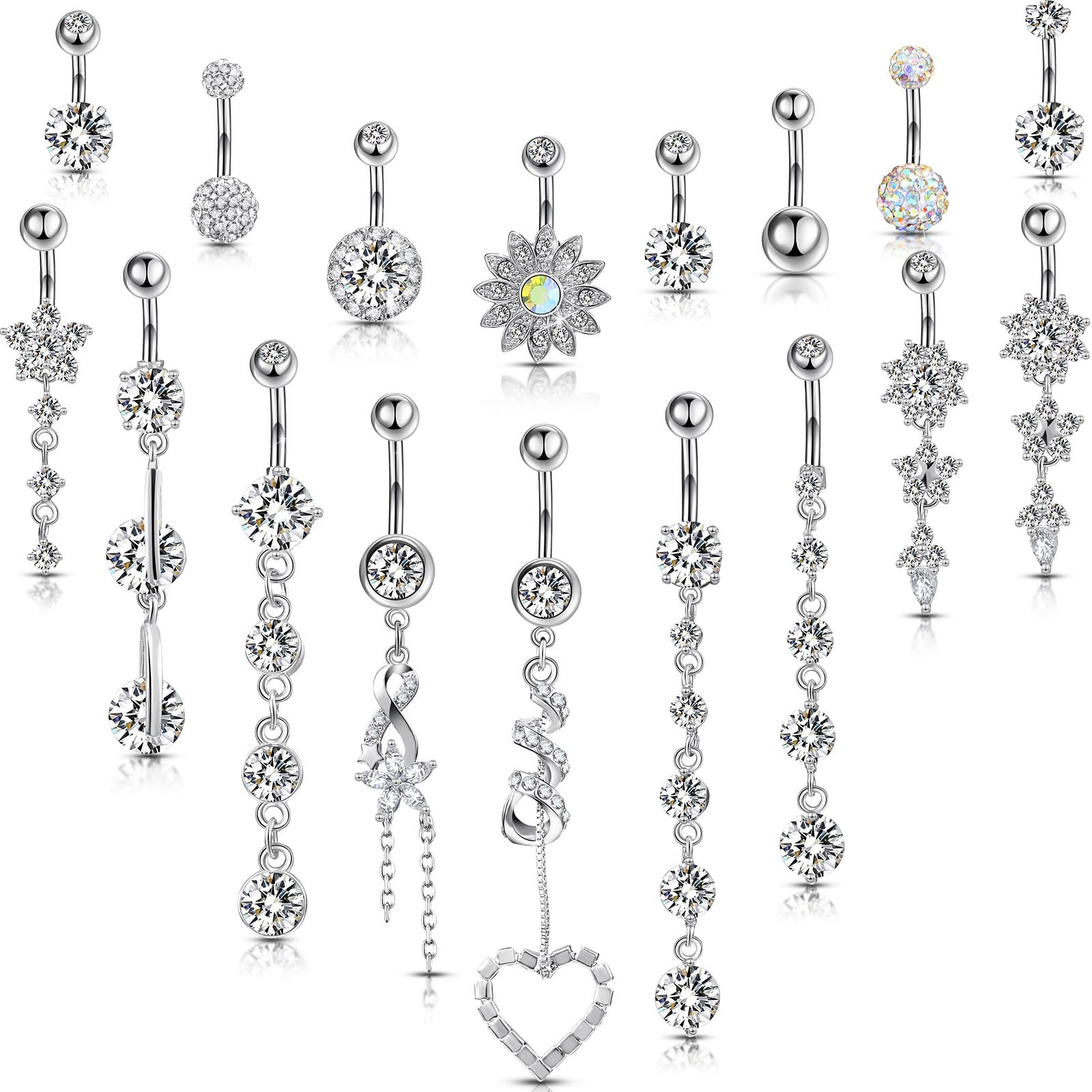Yaomiao 18 Pieces 14G Stainless Steel Belly Button Ring Rhinestone Heart Dangle Belly Button Rings for Women Belly Button Rings Surgical Steel (Silver)