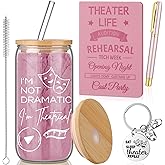 4 Pcs Theatre Gifts for Women Teens Theater Life 16oz Glass Cup Leather Notebook Ballpoint Pen Keychain Musical Broadway Graduation Gifts for Theatre Performers Directors Actors Drama Teacher(Pink)
