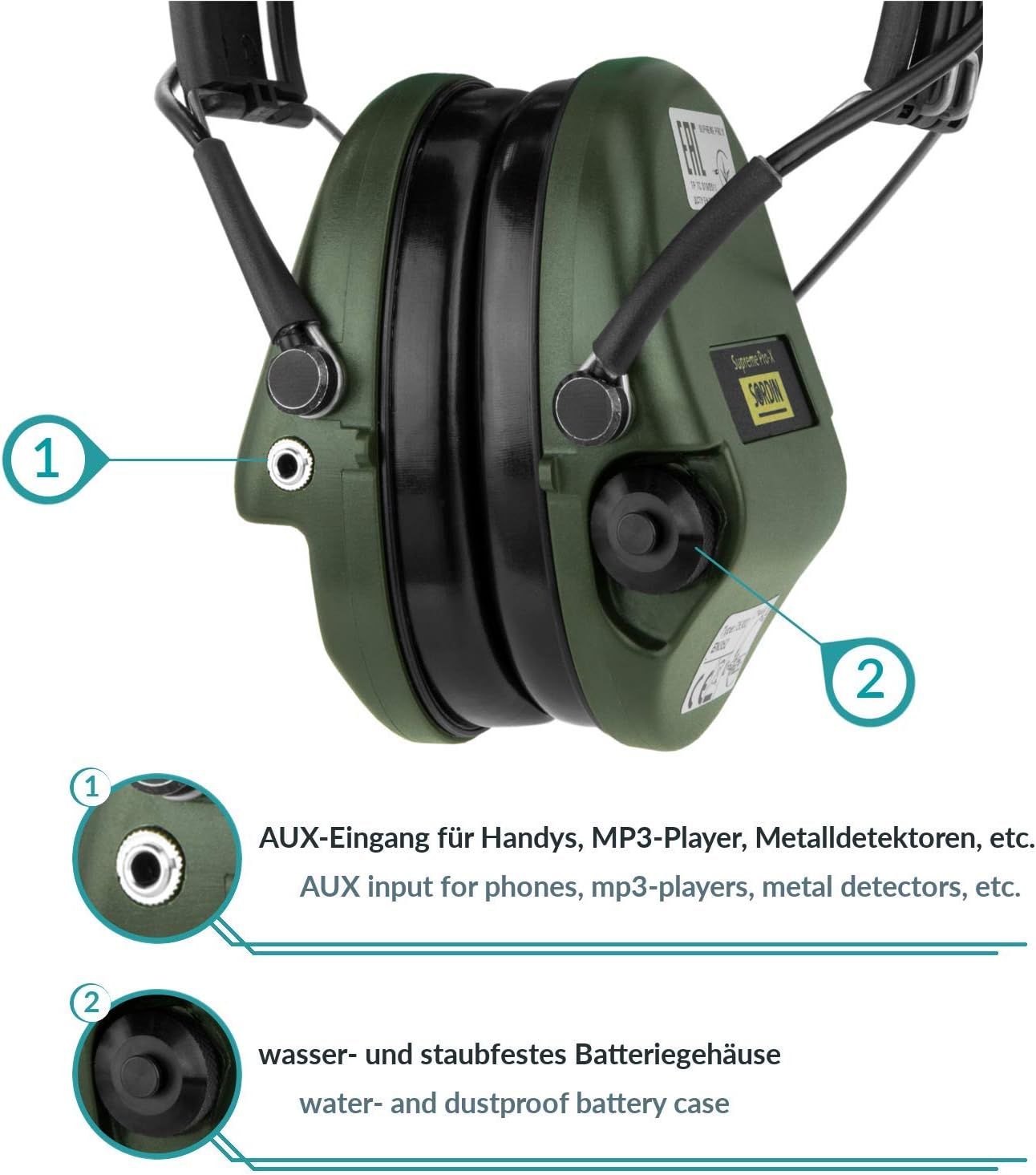 Sordin Pro-X Capsule hearing protectors 75302-X-S - EN 352 - Foam cushion, camo strap & green capsules - Image 4
