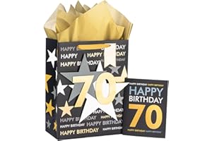 Loveinside Birthday Gift Bag with Tissue Paper and Greeting Card for 70 Birthday - 10" x 5" x 13", 1 Pcs, Black Gold