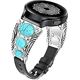 Minyee Leather Band Compatible with Samsung Galaxy Watch 7/6/5/4/FE/Active 2 40mm 44mm/Watch 6 Classic 43mm 47mm/Watch 5 Pro 45mm Band Women, Western Turquoise Boho Vintage Jewelry 20mm Watch Strap