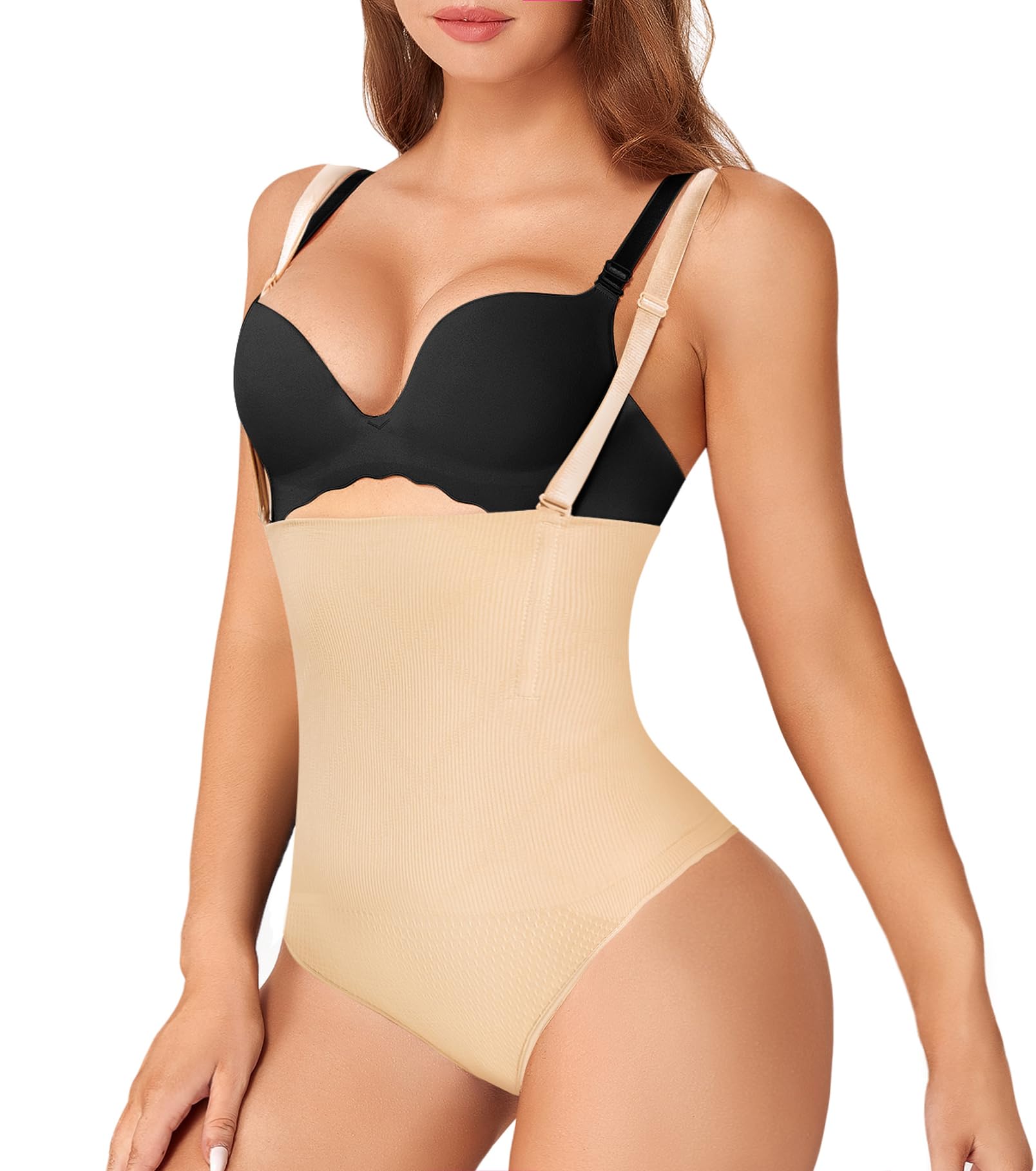 Photo 1 of FIVEGOGO Shapewear for Women Tummy Control Panties 3 In 1 Seamless Slim Body Shaper High Waist Underwear(Beige Thong Bodysuit,XS/S)