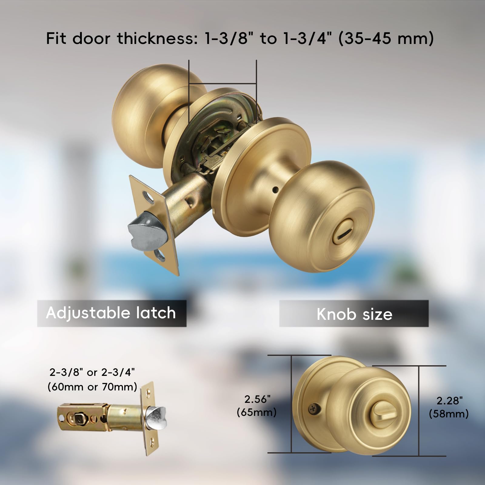 NCSEN 3 Pack Gold Door Knobs for Privacy, Brass Knob Interior Bath...