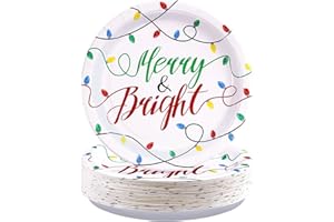 Greencian 50 Pcs Merry Christmas Party Plates 10" Large Heavy Duty Christmas Lights Paper Plates Disposable Merry and Bright Party Supplies for Xmas Winter Holiday Birthday Party Decorations
