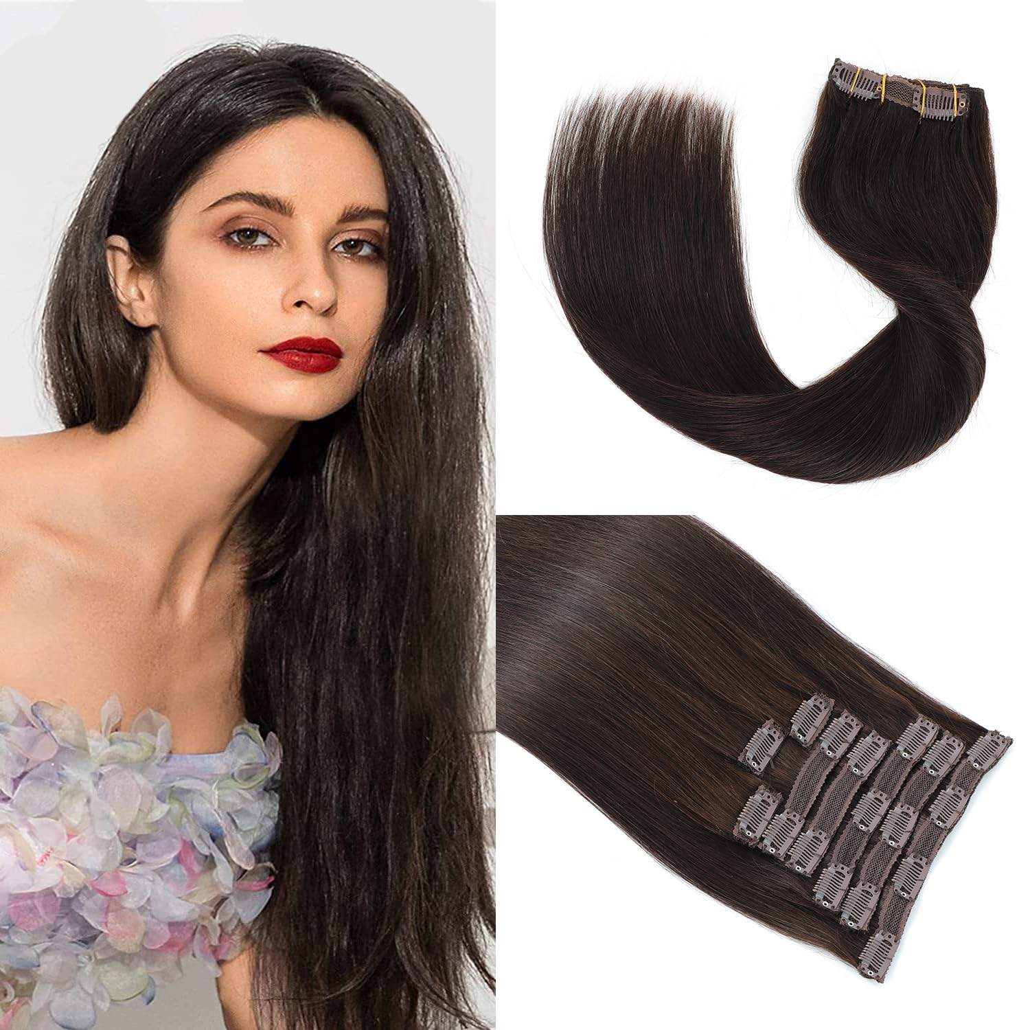 14'' Double Weft Clip in Hair Extensions Real Human Hair Full Head 8 Pieces 100g Silky Straight -100% Real Remy Human Hair Lace Weft Clip in Human Hair Extensions (14 Inch 100g, #2 Dark Brown)