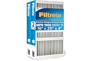 Filtrete 16x25x4 AC Furnace Air Filter, MERV 13, MPR 1900, Premium Allergen, Bacteria & Virus Filter, Electrostatic Air Cleaning Filter, 2-Pack (Actual Size 15.44 x 24.62 x 4.31 in)