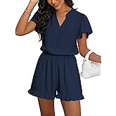 ECOWISH Womens Shorts Rompers Summer Button Short Flare Sleeve Ruffle Wide Leg Mini One Piece Jumpsuits Pockets V Neck Outfit
