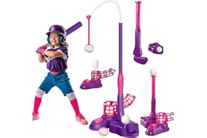 imagifun 4 in 1 T Ball Set, Kids Baseball Tee for 3-5,5-8, Teeball Batting Tee, Toddler Hanging Tee Ball Golf Set Toys, 6 Ball Retractable Bat, Pitching Machine,Outdoor Sport Toy for Girl (Pink)