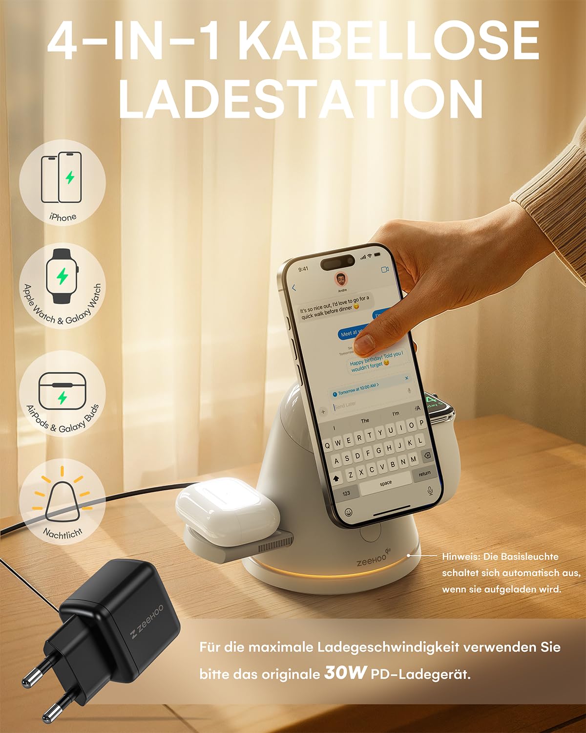 3 in1 Ladestation für Apple-Geräte, Qi2 Mag-Safe Ladeständer mit Licht, schnelle drahtlose Ladestation für iPhone 17/16/15/14/13/12 & AirPods & iWatch & Pixel 10 & Samsung Galaxy Watch, 30W Adapter 2