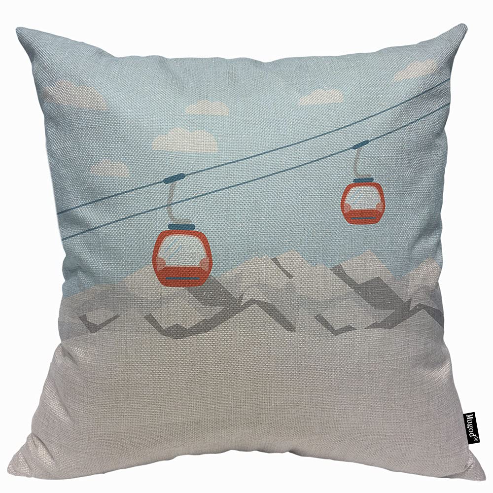 Mugod Blue Cable Red Ski Lift Cushion Cover Throw Pillow Covers Gondolas Moving in Snow Mountains Car Pillow Case for Men Women Decorative Home Sofa Chair Couch 45x45cm/18x18 Inch