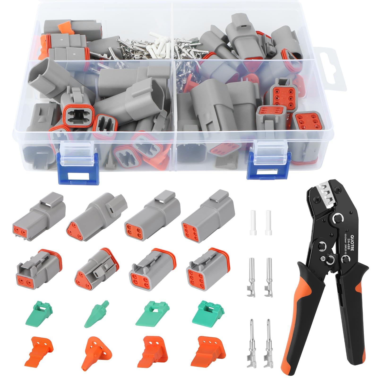 Photo 1 of 150Pcs 15 Kits Deutsch Connector Kit with Crimper, IP68 Waterproof DT Connector 2 3 4 6 Pin Automotive Electrical Connectors Kit with Deutsch Crimp Tool and Size 16 Stamped Contacts for Car (16-20AWG)