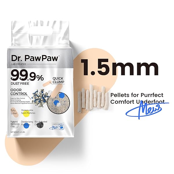 TOFU CAT LITTER, DR. PAWPAW CLUMPING CAT LITTER, HONEYSUCKLE SCENT 18 LB, DUST-FREE KEEP KITTY TIDY, SUPERIOR ODOR CONTROL KEEP STEP FRESH