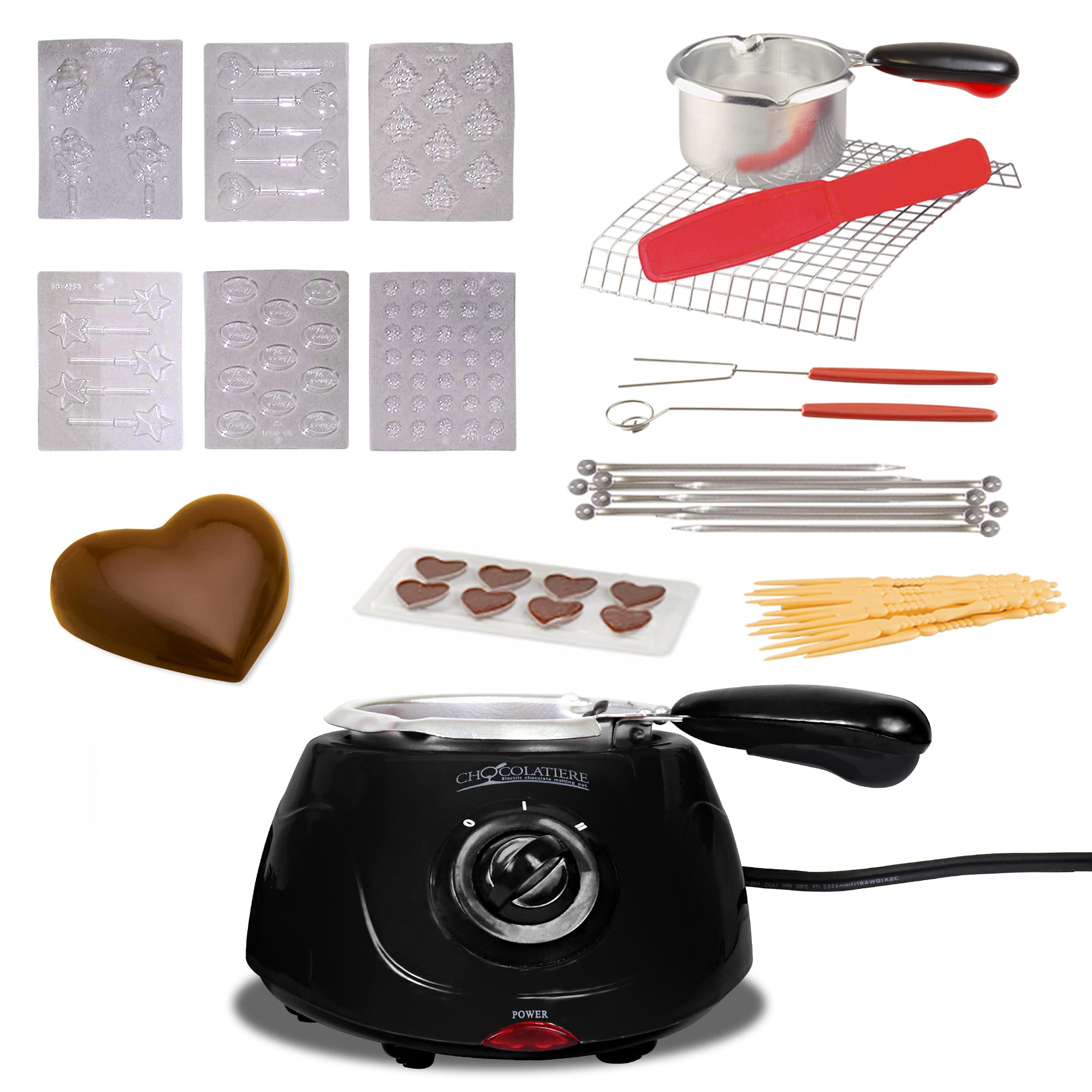 Total Chef Instant Hot Chocolate Melting Pot Fondue Sets with 8.8oz 250g Capacity Electric Small Chocolatier Machine DIY Candy Cheese Maker 32-Piece Tool Kits Kids Birthday Gifts Party Workshop Black