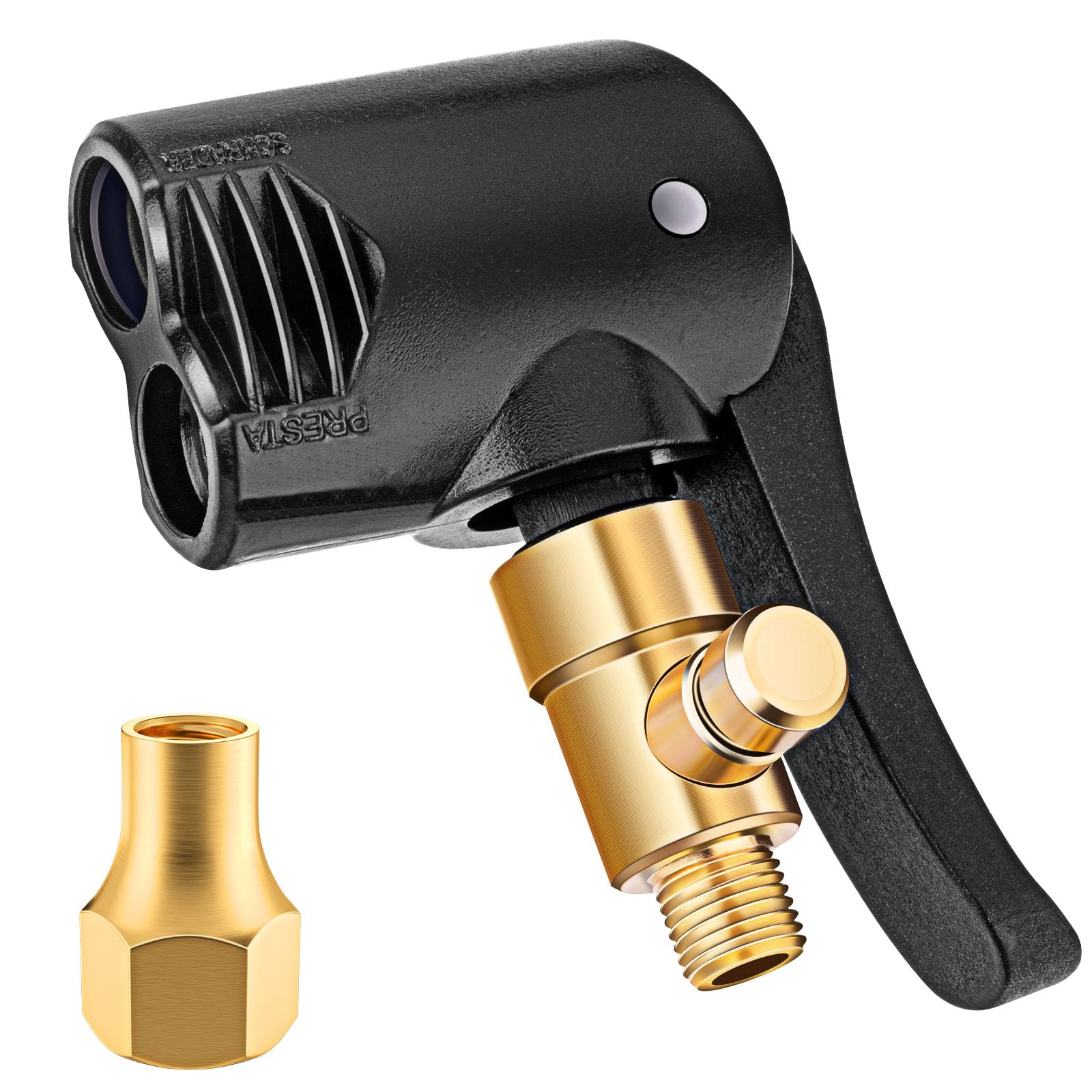 Photo 1 of LUMITECO Locking Presta Schrader Air Chuck for Bike Tire, Dual Head Pump Nozzle with 1/4" F-NPT Quick Connect for Tire Inflator, Presta&Schrader Valve Adapter w/Air Release Nob for Bicycle Floor Pump