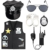 Kyson 6 Pcs Police Officer Costume Outfit for Halloween Theme Party Cop Hat Vest Handcuff Badge Belt Shades Walkie Talkie