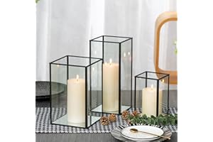 yshengood Large Glass Hurricane Candle Holder Set of 3 PCS, Black Frame and Glass Hurricane Candleholders