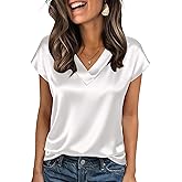 Zeagoo Women Silk Satin Tops Cap Short Sleeve Blouse V Neck Shirts Business Casual Outfits S-2XL