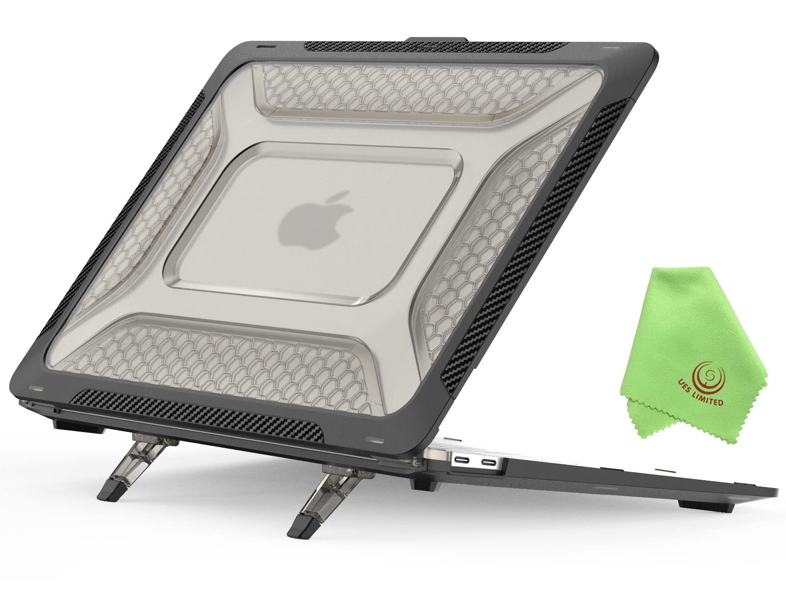 UESWILL Foldable Kickstand Case for MacBook Air 13 inch Case 2021-2018 Model A2337 (M1) A2179 A1932, with Retina Display Touch ID, Honeycomb Full Protection Heavy Duty Cover, Black