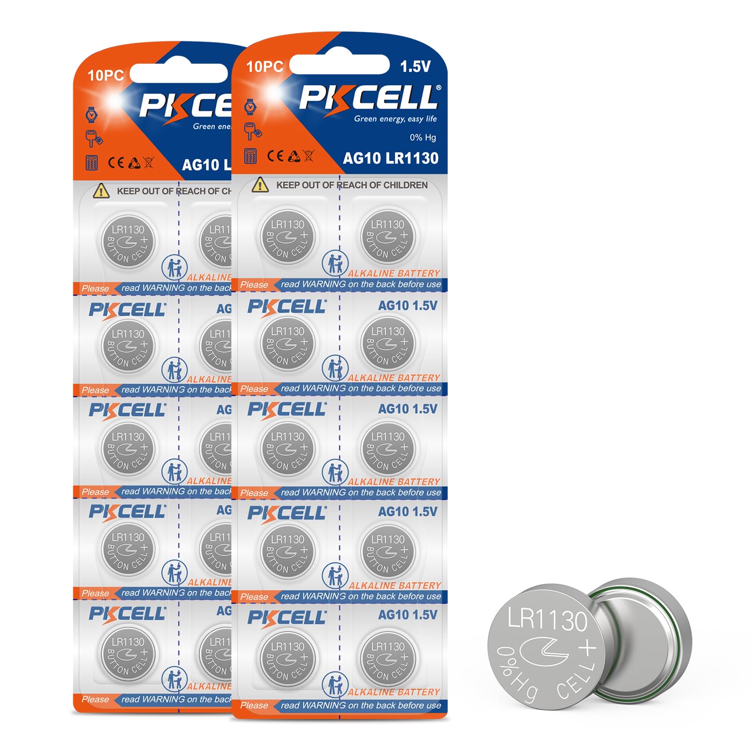 LR1130 AG10 SR1130 LR54 Battery 1.5V Long-Lasting Alkaline Button Cell Batteries, Pack of 20, PKCELL