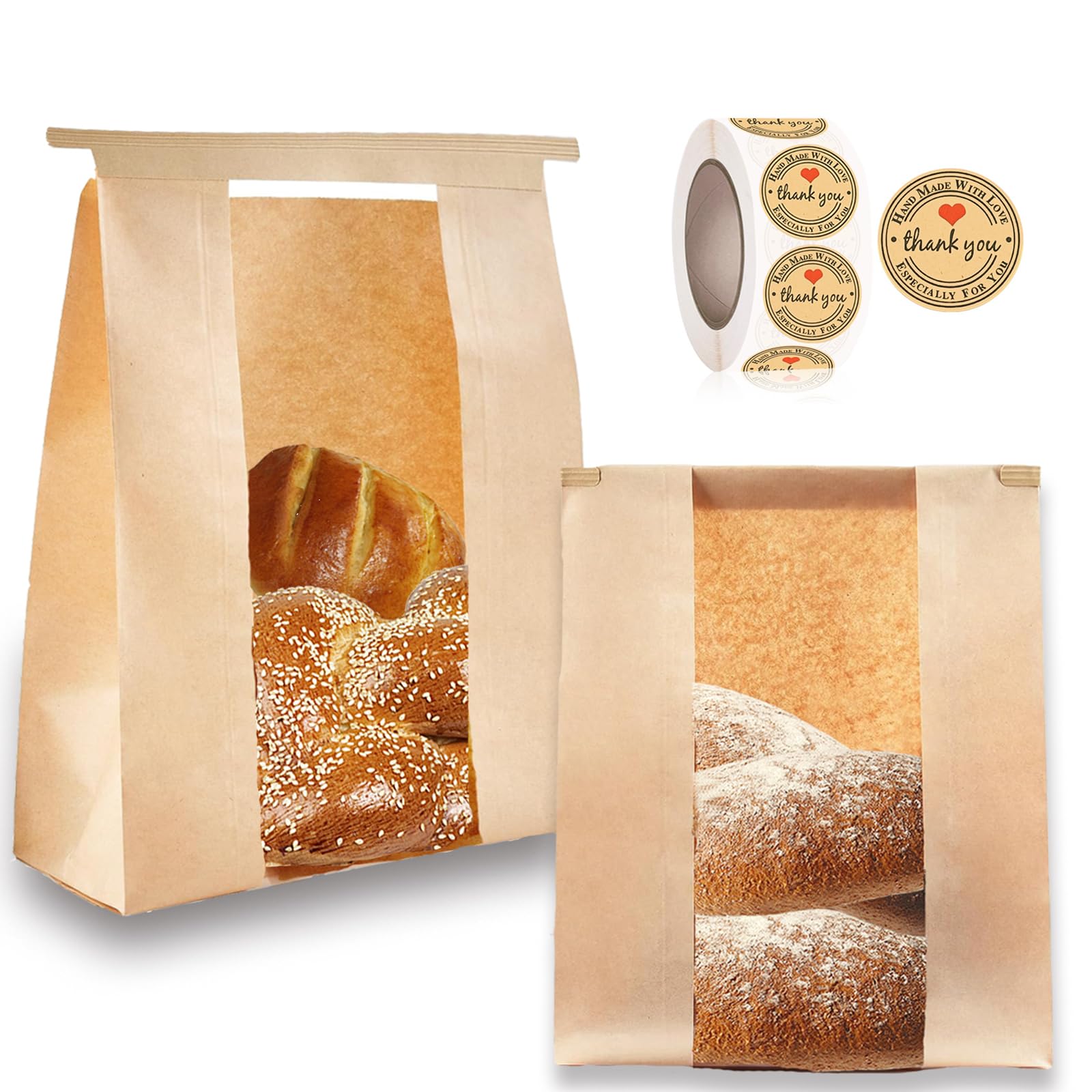 Photo 1 of 100 Pcs(13.7x8.2x3.5 in) Paper Bread Bags for Homemade Bread, Sourdough Bread Bags with Window, Sourdough Storage Bags for Bread Packaging includes 500 Cute Seal Stickers