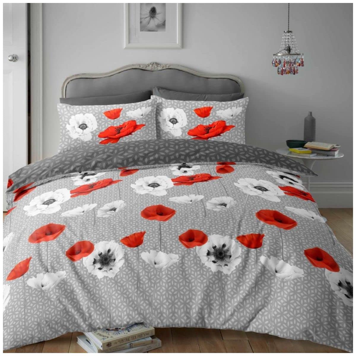 GC GAVENO CAVAILIA Thermal Flannelette Duvet Set, Reversible Brushed Cotton Bedding, Soft Quilt Cover, Grey/Red, Single