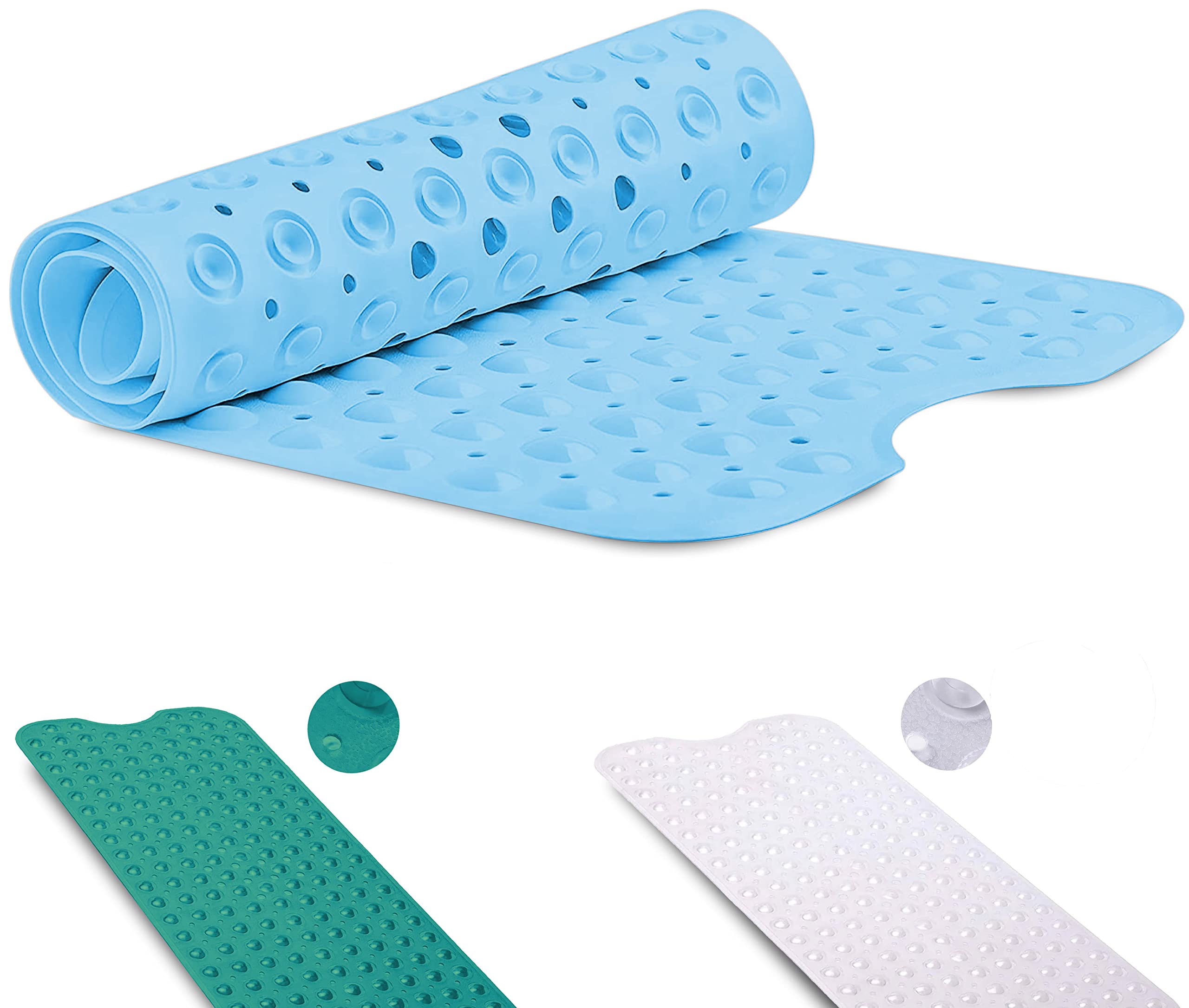 Non-Slip Bath Mat with Suction Cups, GVTECH 100x40cm/40x16in Extra Long Bathtub Mats | Anti-Mould, Machine-Washable, Latex-Free | Shower Mat Ideal for Elderly & Children (Blue)