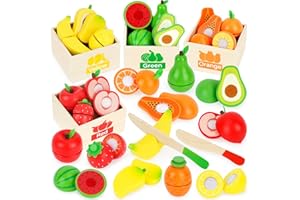 ATOYUS Wooden Play Food Set Toys for Toddlers 1-3, Kids Toy Play Kitchen Accessories, Cutting Fruits Pretend Food with Storag