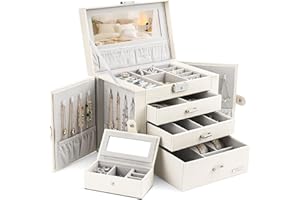 Homde Jewelry Box for Women Girls with Small Travel Case Mirror Necklace Ring Earrings Organizer White Wood Grain