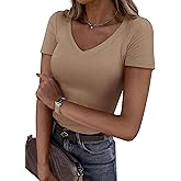 PRETTYGARDEN Women 2026 Spring Tops Trendy Ribbed Short Sleeve V Neck Fitted Basic Tee Shirts Casual Going Out Summer Outfits
