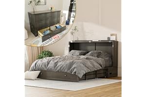 Homnso Murphy Bed Queen Cabinet, Pine Wood Murphy Bed,Queen Cabinet Bed with Mattress,Storage Drawer, USB Charging Station,14pcs Auxiliary Wheels for Living Room Apartment (Grey for Queen Size)