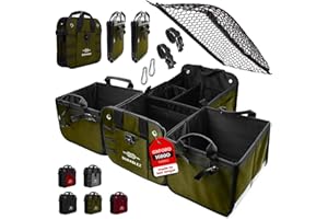DURABLEZ Extra Large Car Trunk Organizer - Trunk Storage - Modular Detachable Configurable Collapsible - for SUV Minivan Truck Sedan Van - 4 Compartment XXL, Military Green