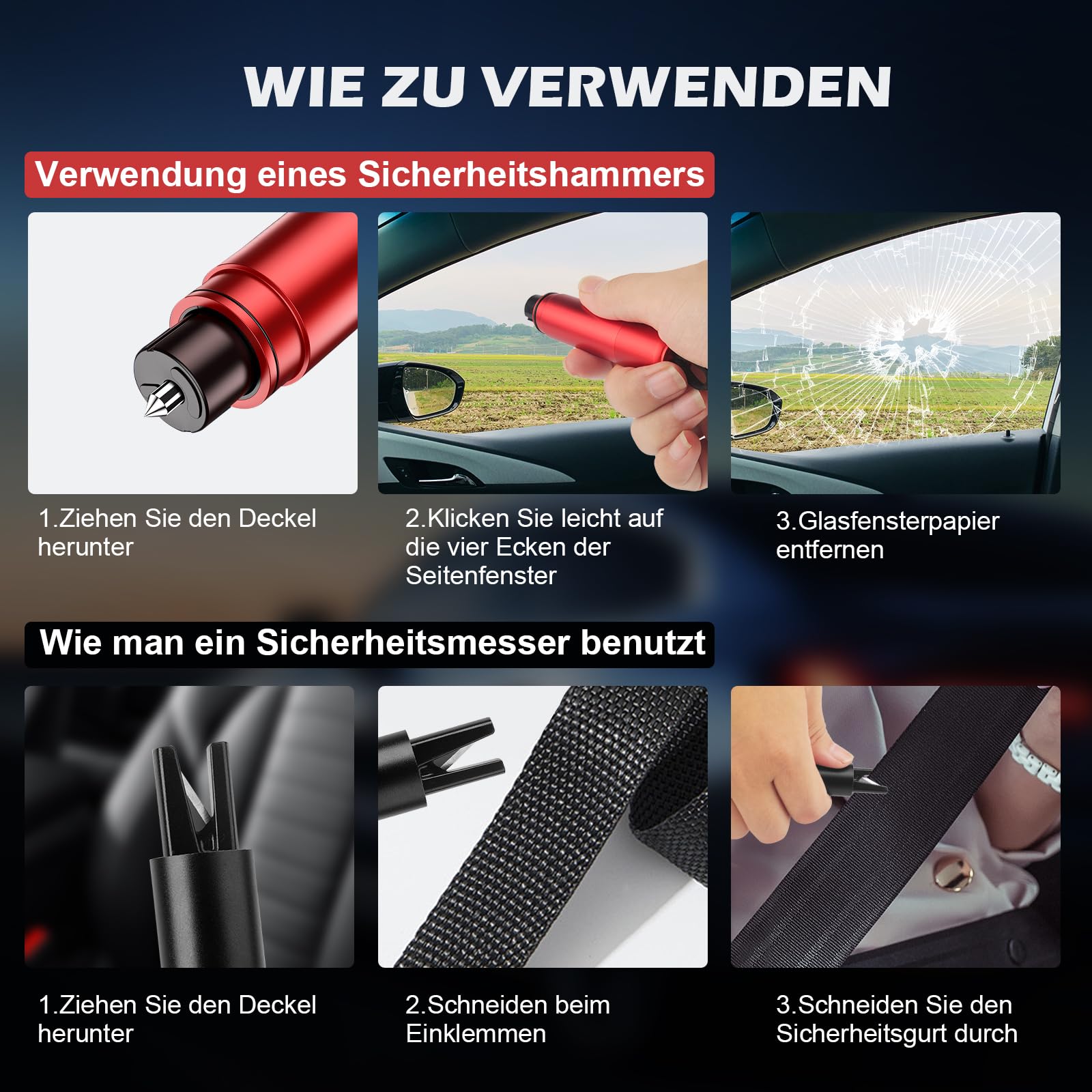 2 Stück Gurtschneider Notfallhammer, 2 In 1 Notfallhammer Auto mit Gurtschneider, Kompakter Tragbarer, Sicherheitshammer fürs Auto und Bus 5