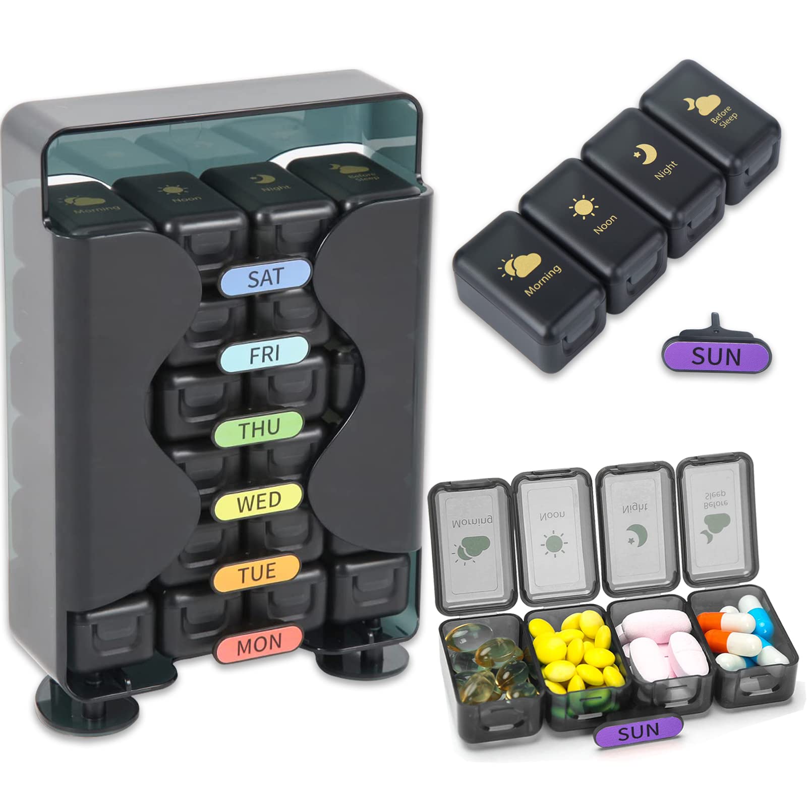 Photo 1 of Weekly Pill Organizer 7 Day 4 Times a Day? Large Pill Box Organizer with Drawer Designed? Daily Pill Organizer to Hold Medicine, Medication, Vitamins and Fish Oils (Black)