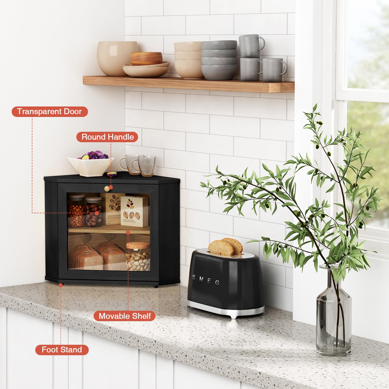 Corner Bread Box for Kitchen Countertop, Black Bread Storage Container for Homemade Bread, Two Layer Breadbox under Cabinet Mount, Large Bread Holder for Kitchen Counter, Panry Shelf