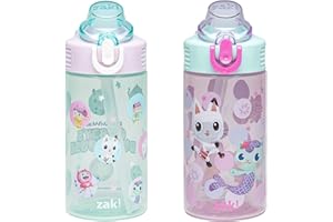 Zak Designs DreamWorks Gabby's Dollhouse Sage Kids Water Bottle For School or Travel, 16oz Durable Plastic Water Bottle With Straw and Leak-Proof, Pop-Up Spout Cover, 2-Pack Set (The Gabby Cats)