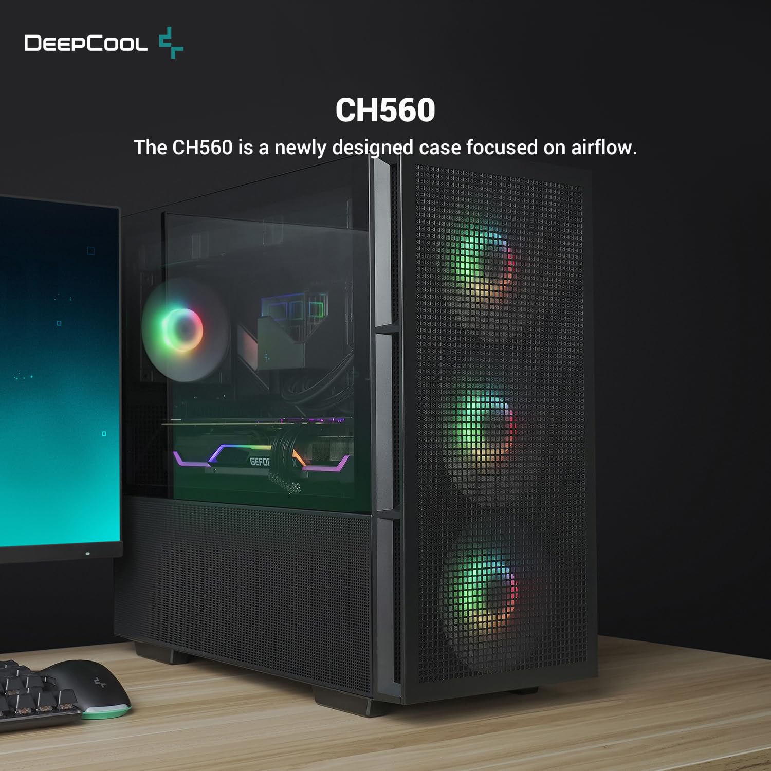 CH560 PC Case ATX High-Airflow 140mm PWM ARGB Fans Front Panel Mid Tower ATX Hybrid Mesh/Tempered Glass Side Panel PC Case 360mm Radiator support Top/Front USB 3.0 Type-C I/O Panel