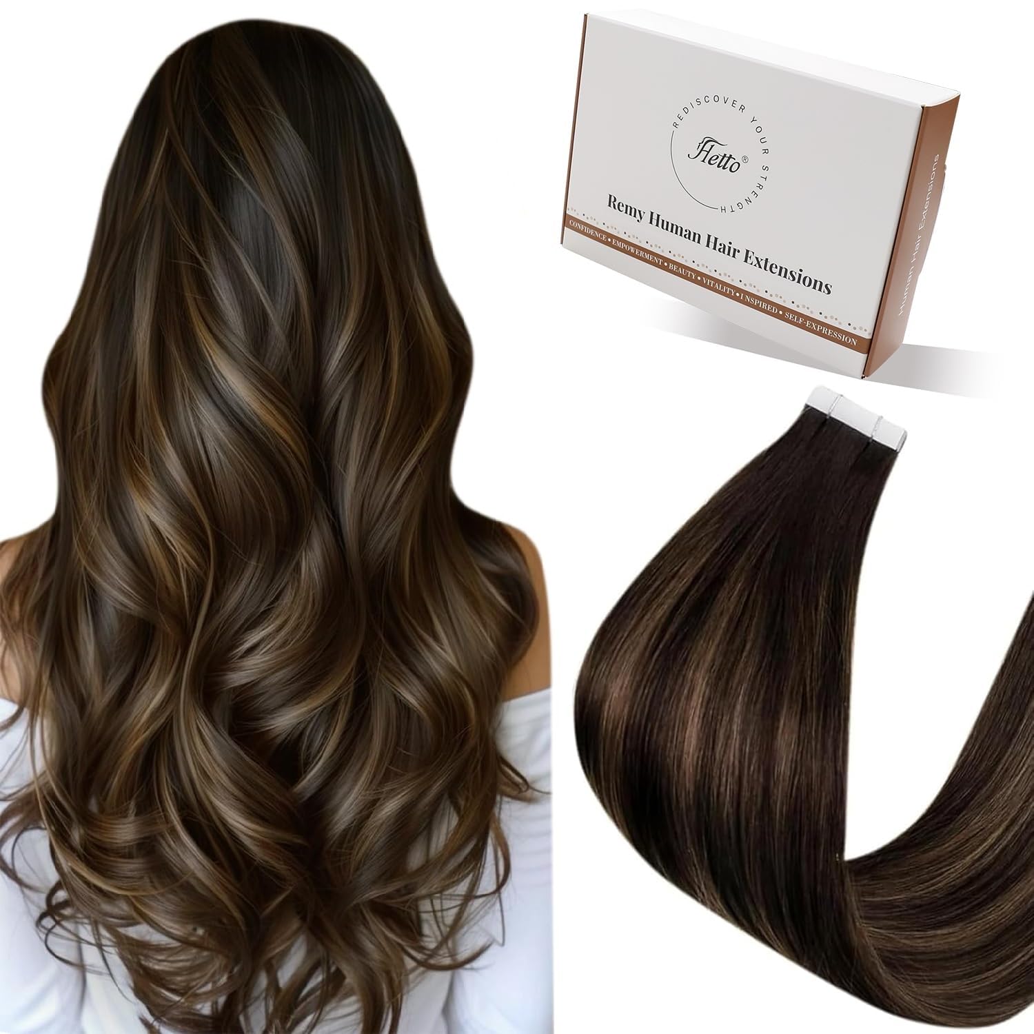 Hetto Tape in Hair Extensions Human Hair Balayage Brown 16 Inch - Natural Seamless Hair Extensions Tape in Human Hair, Invisible Lightweight Hair Pieces for Daily Use 20 Pieces 50g #2/8/2 — image 1